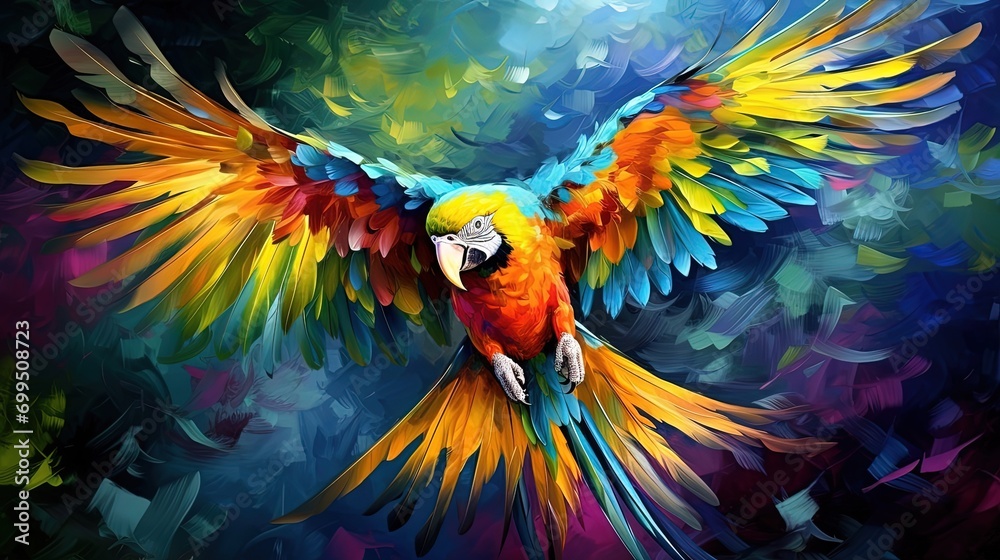oil painting style illustration, macaw bird flying in tropical jungle ,cute and adorable wildlife, idea for wall art decor and background wallpaper, Generative Ai - obrazy, fototapety, plakaty 