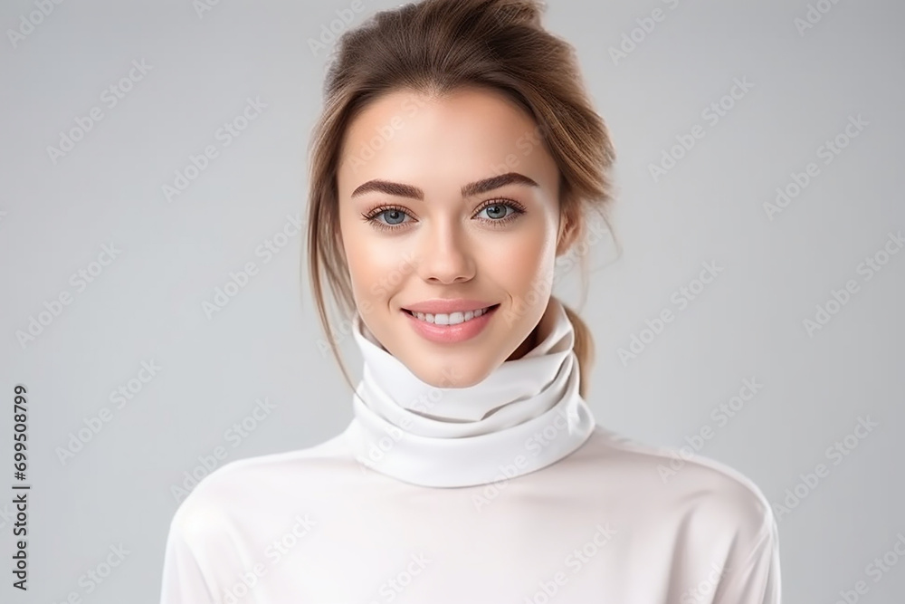 portrait of happy woman wearing high-necked on white isolated background portrait of happy woman wearing high-necked on white isolated background