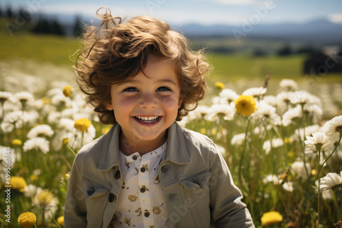 Bel bambino felice in un prato pieno di fiori in primavera