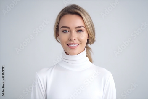 portrait of happy woman wearing high-necked on white isolated background