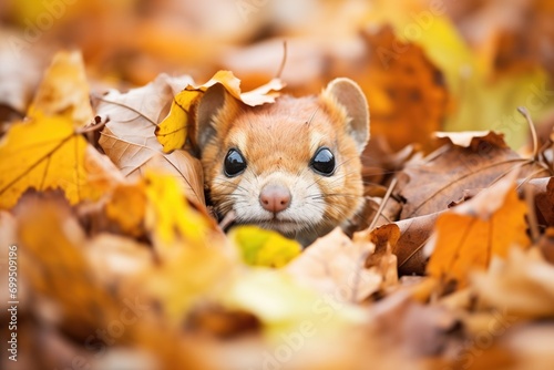 weasel camouflaged in autumn leaves