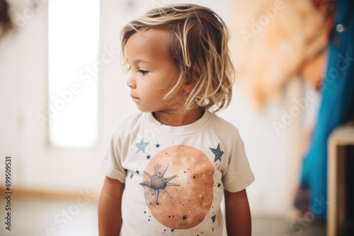 child wearing a t-shirt with an astronomical print