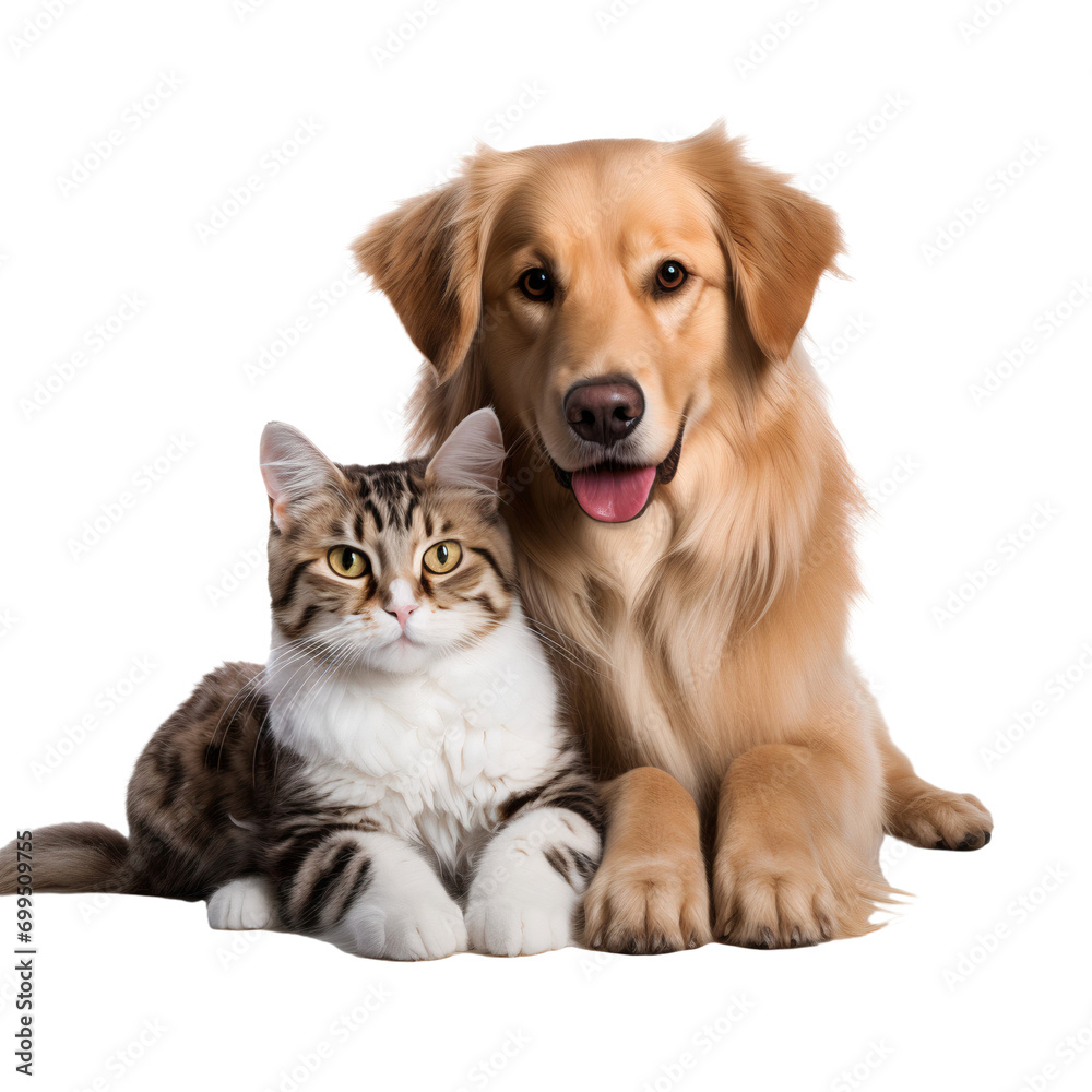 Golden retriever puppy and tabby cat sitting together, friendship animals isolated on white background