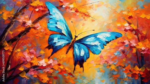oil painting style illustration  beautiful butterfly in flowers garden  cute and adorable wildlife  idea for wall art decor and background wallpaper  Generative Ai
