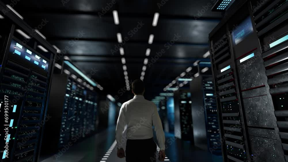 Internet des objets. IT Administrator Activating Modern Data Center Server with Hologram.