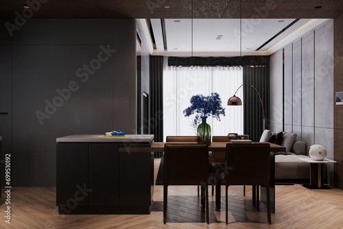 Trio's luxurious apartment features modern touches in the dining, kitchen, and living area. photo