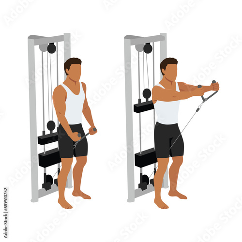 Man doing Cable rope front raise exercise. Flat vector illustration isolated on white background