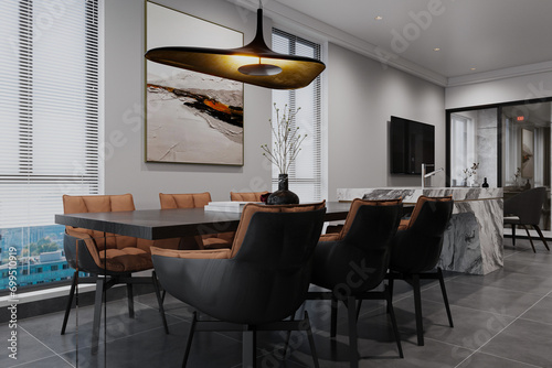 A modern apartment featured a dining area with Brown comfy chairs  a table  a chandelier  wall paint frame.