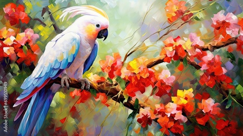 oil painting style illustration, cockatoo bird in tropical jungle ,cute and adorable wildlife, idea for wall art decor and background wallpaper, Generative Ai © QuietWord