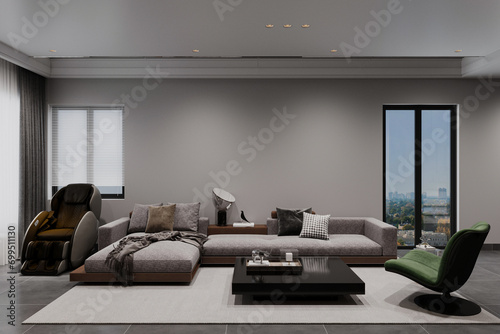 Open-space interior with luxurious modular sofa, Body massage, and armchair for living area.