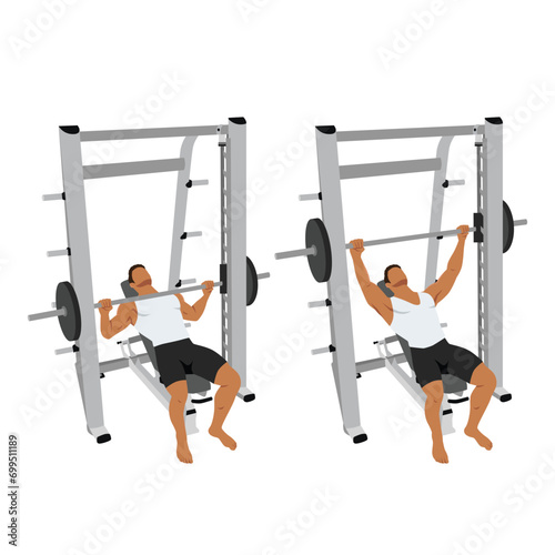 Man doing smith machine incline bench press exercise. Flat vector illustration isolated on white background