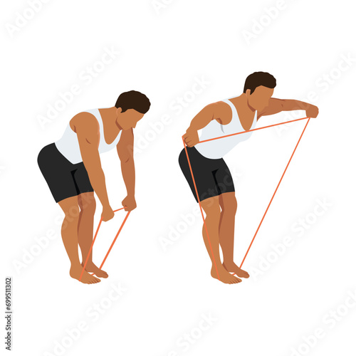 Man doing banded reverse lateral fly exercise. Flat vector illustration isolated on white background