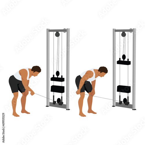 Man doing cable bent over one arm lateral raise exercise. Flat vector illustration isolated on white background