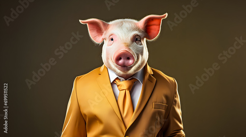 Funny pig in a yellow suit and tie on a dark background photo