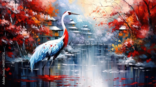 oil painting style illustration, wild crane bird walking in shallow water ,cute and adorable wildlife, idea for wall art decor and background wallpaper, Generative Ai photo