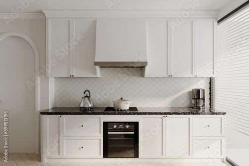 Rendering of a minimalist kitchen. sophisticated decor with a white tone.