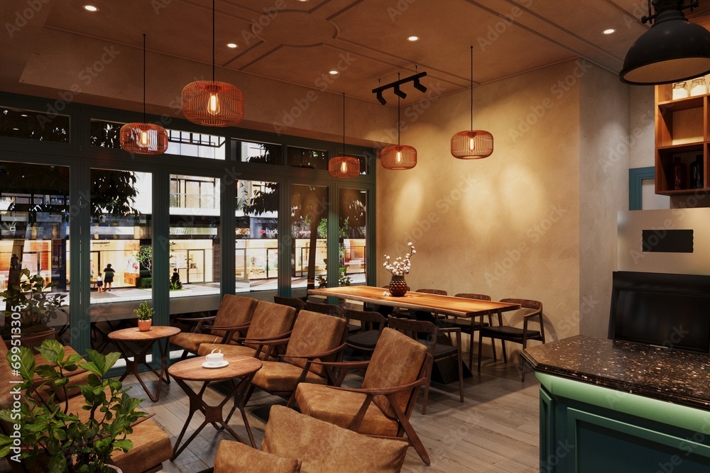 The interior of a cozy modern restaurant with chairs, a table, flowers, coffee, nest light hanging on the ceiling.