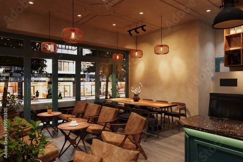 The interior of a cozy modern restaurant with chairs  a table  flowers  coffee  nest light hanging on the ceiling.