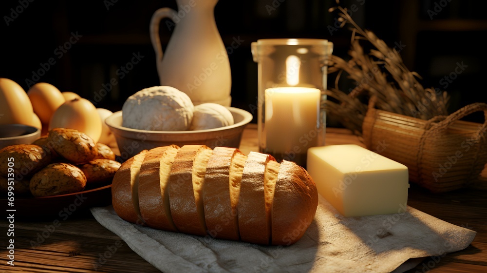 Obraz premium Bread and bakery products on wooden table. Shallow depth of field.