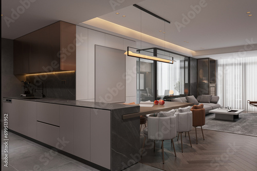 Simplistic modern dining room integrated kitchen with subtle elegance.