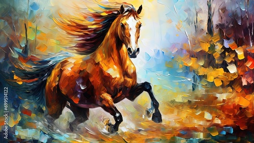 oil painting style illustration, wild horse galloping shallow water ,cute and adorable wildlife, idea for wall art decor and background wallpaper, Generative Ai photo