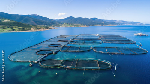 Salmon fish farm in ocean water.