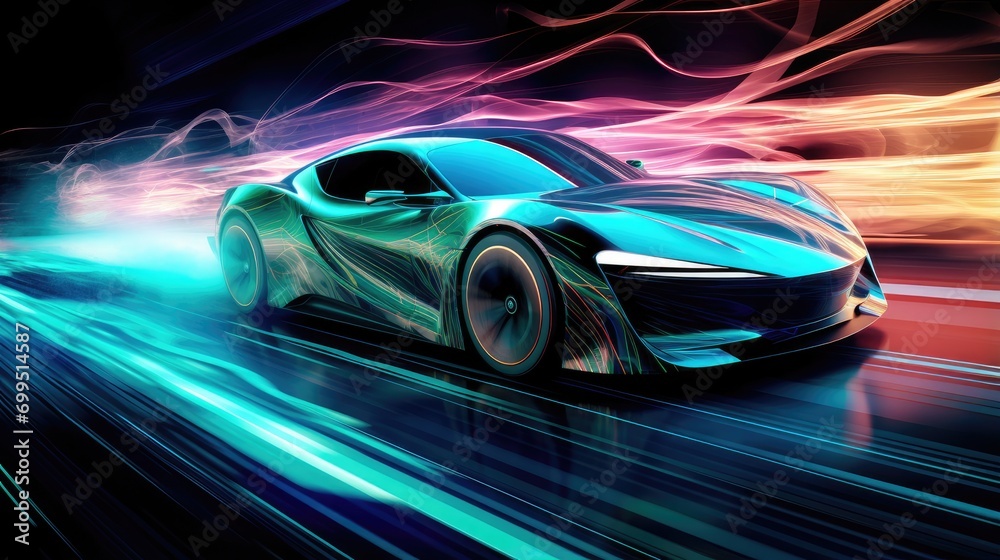 turbocharged teal sports car speeding with vibrant neon lights. dynamic automotive design for futuristic transport concepts and wallpapers