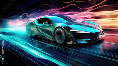 turbocharged teal sports car speeding with vibrant neon lights. dynamic automotive design for futuristic transport concepts and wallpapers
