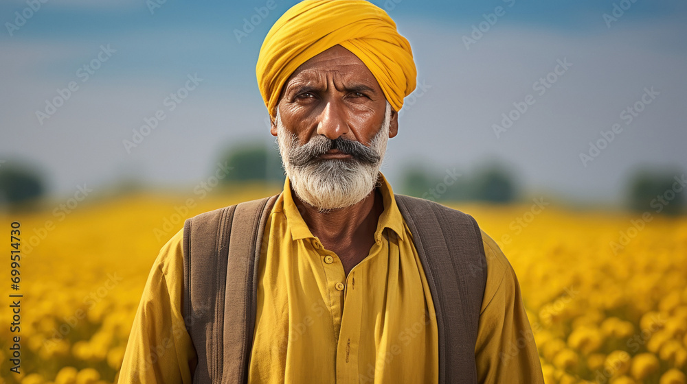 Happy indian farmer standing at mustard field - obrazy, fototapety, plakaty 