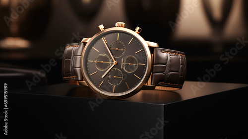 close up of elegant wrist watch in black and gold 