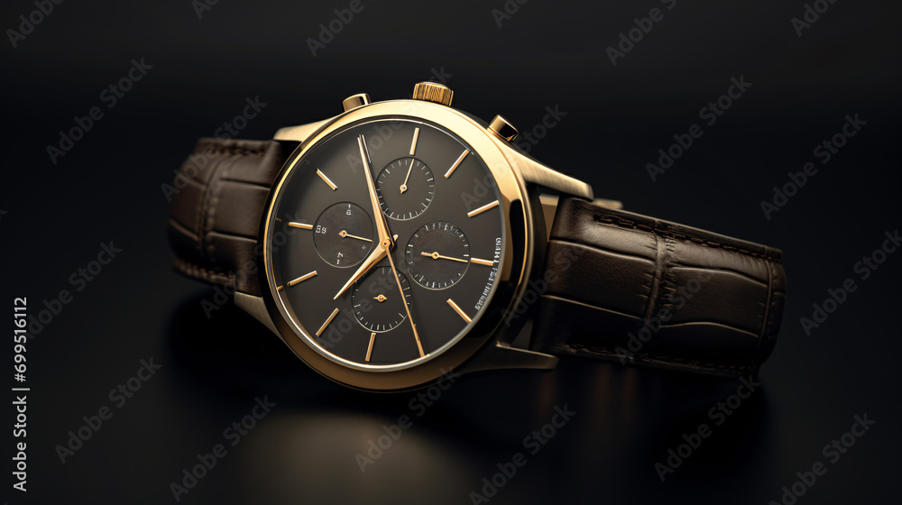 close up of elegant wrist watch in black and gold close up of elegant wrist watch in black and gold