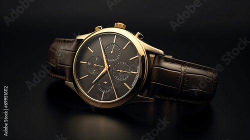 close up of elegant wrist watch in black and gold 