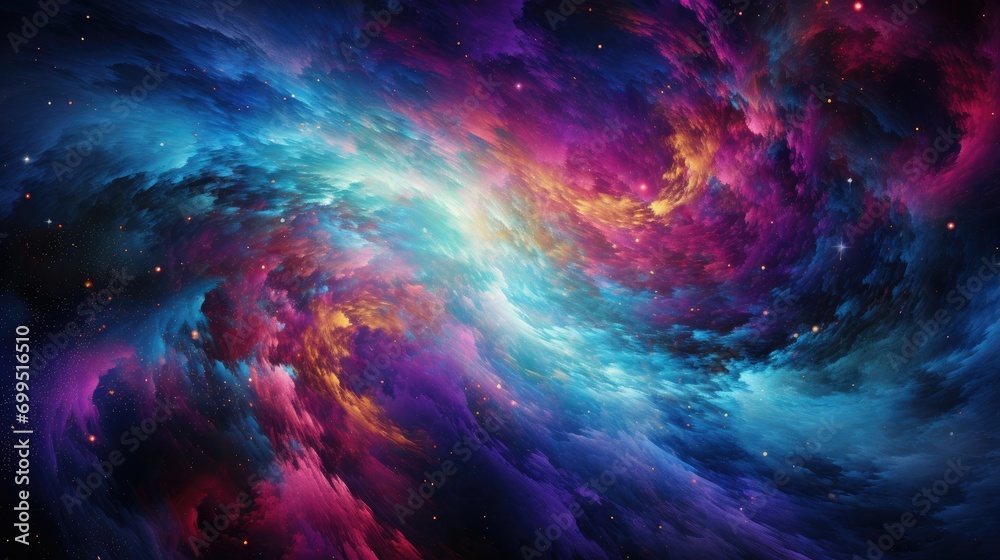 A high-definition, 8K, abstract image depicting a swirling vortex of vibrant colors, resembling a cosmic dance in outer space, with bright blues, purples, and pinks dominating the scene, all blending  - obrazy, fototapety, plakaty 
