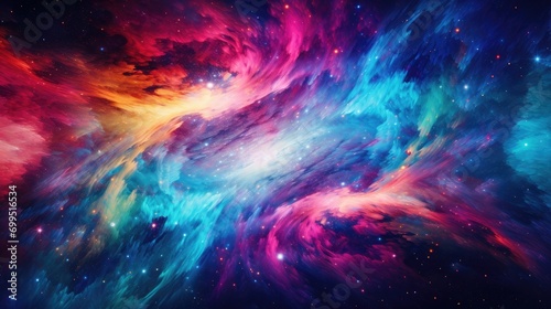 A high-definition, 8K, abstract image depicting a swirling vortex of vibrant colors, resembling a cosmic dance in outer space, with bright blues, purples, and pinks dominating the scene, all blending  © Royal