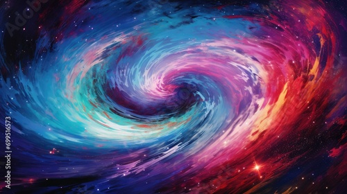 A high-definition, 8K, abstract image depicting a swirling vortex of vibrant colors, resembling a cosmic dance in outer space, with bright blues, purples, and pinks dominating the scene, all blending 