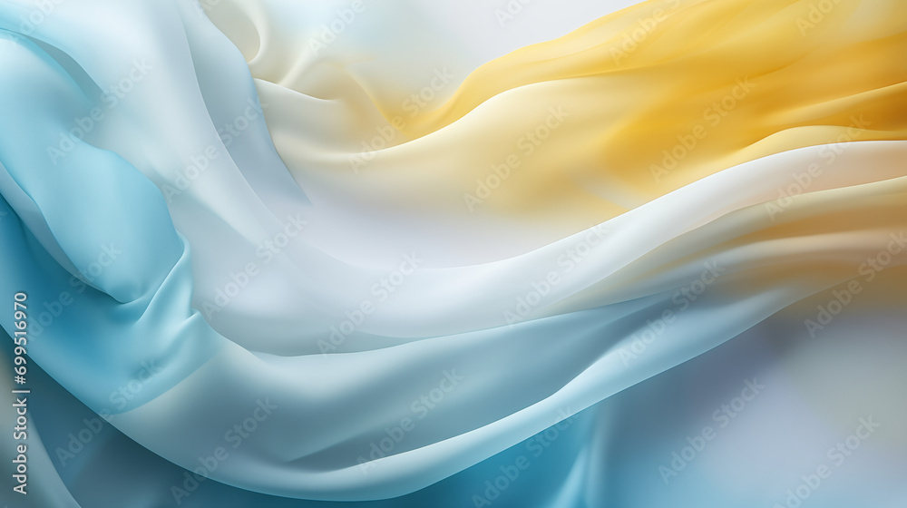 Fototapeta premium Abstract blue and yellow wavy silk background. Elegant and luxurious soft waves with shiny pastel colors.