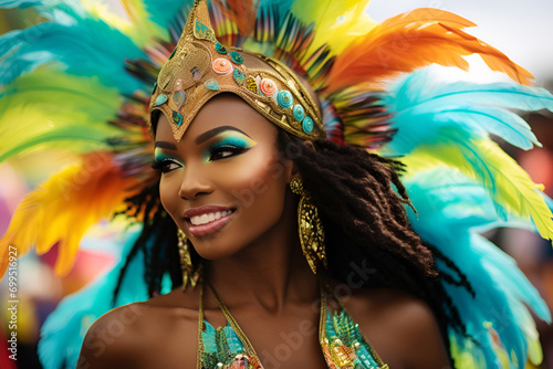 An enchanting woman dressed in a vibrant carnival costume adorned with colorful feathers photo