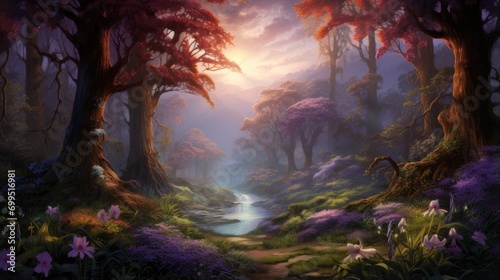 otherworldly forest with glowing foliage and serene waters. atmospheric art for tranquil retreats and mystical environment concepts