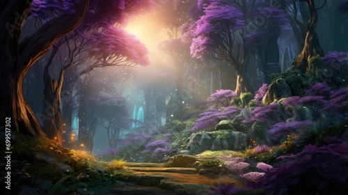 enchanted forest pathway with mystical purple hues. magical landscape painting for fantasy book covers and dreamlike wall art