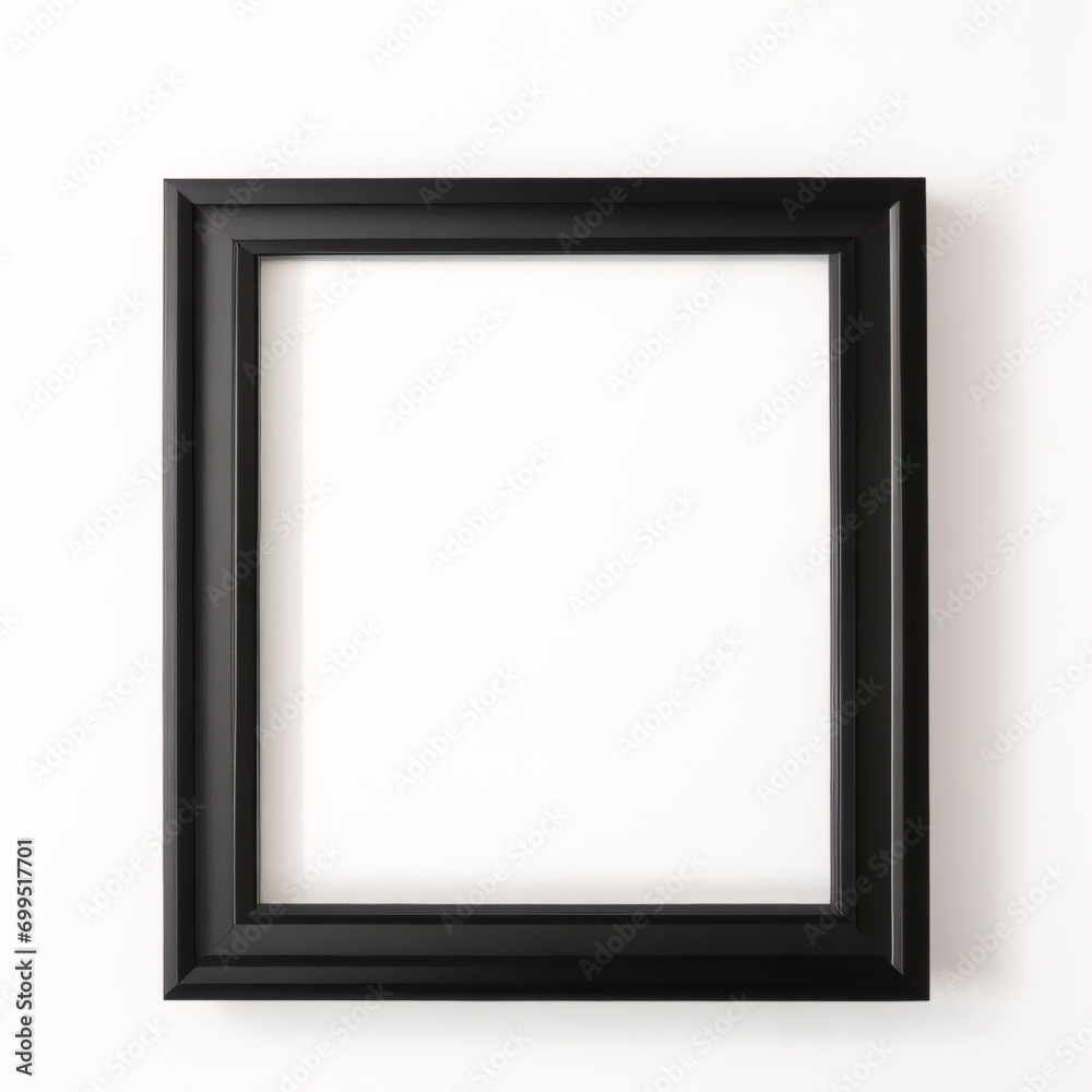 Lienzo en blanco vacío con marco decorativo negro sobre una maqueta de fondo blanco Lienzo en blanco vacío con marco decorativo negro sobre una maqueta de fondo blanco