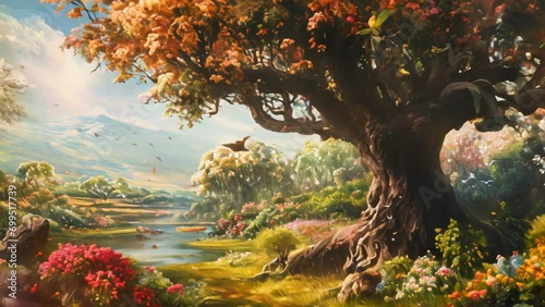 Garden of eden full of colorful flowers and trees painting animation photo