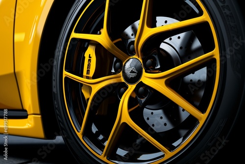Close-up of a bright sports car's yellow wheel and brakes in a 3D render. Generative AI © Joseph