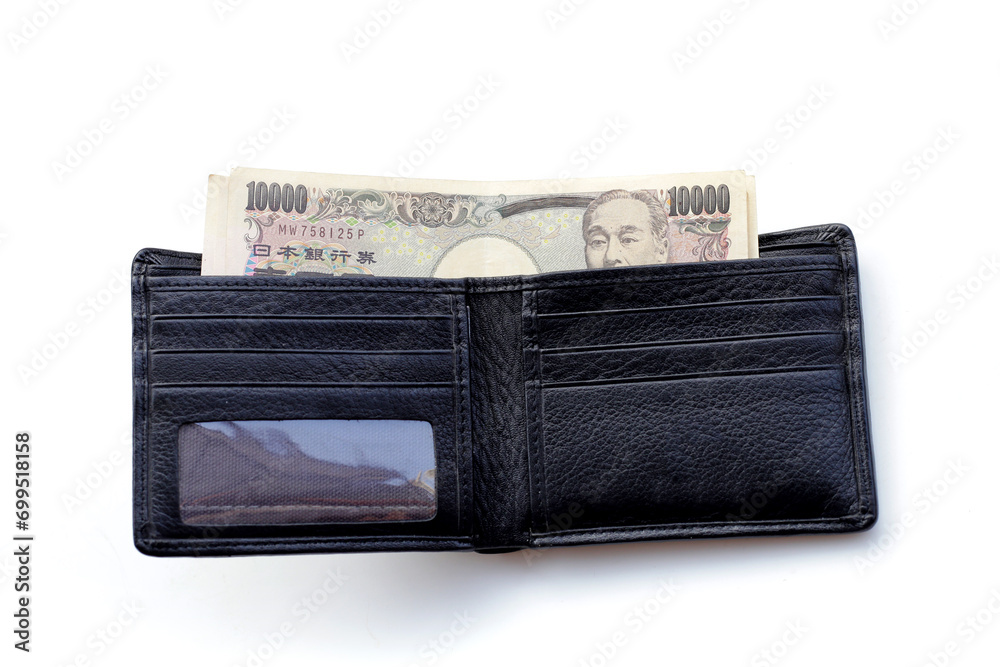 Japanese banknote 10000 yen, Japanese money with black wallet Japanese banknote 10000 yen, Japanese money with black wallet