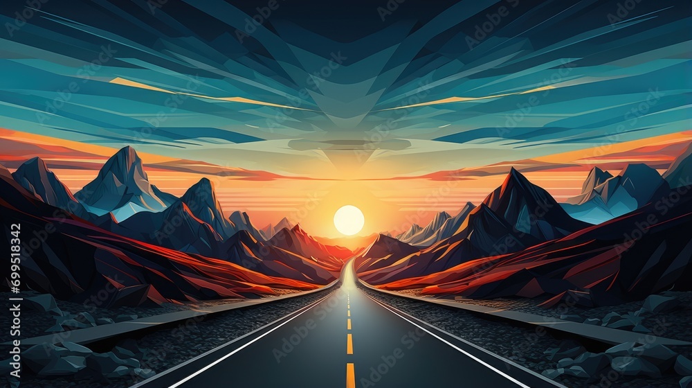 dramatic sunrise over high mountain peaks with open highway. ideal for wall art, adventure travel, and nature-themed creative projects