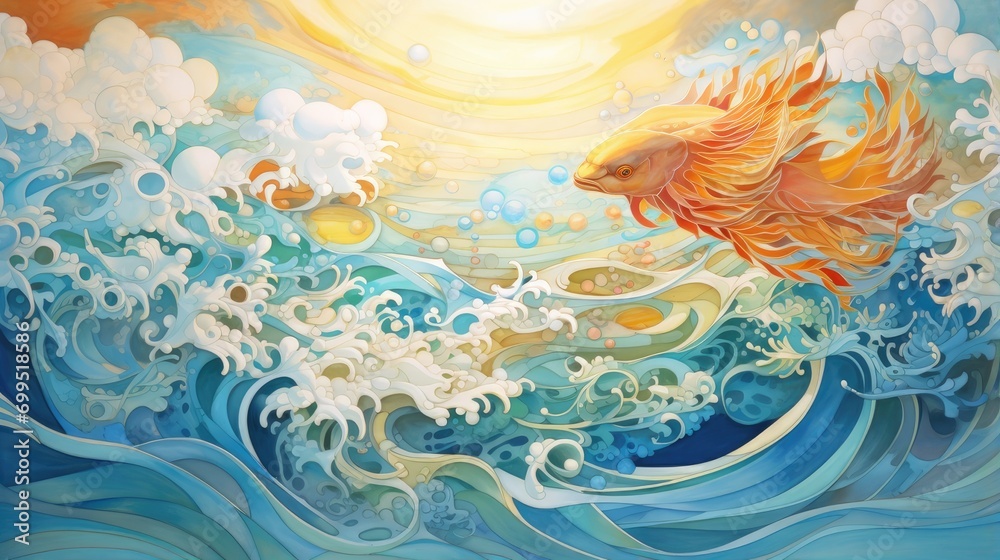 fantasy ocean sunset with waves and sky in pastel colors. dreamy seaside graphic ideal for spa retreats, meditation spaces, and inspirational content