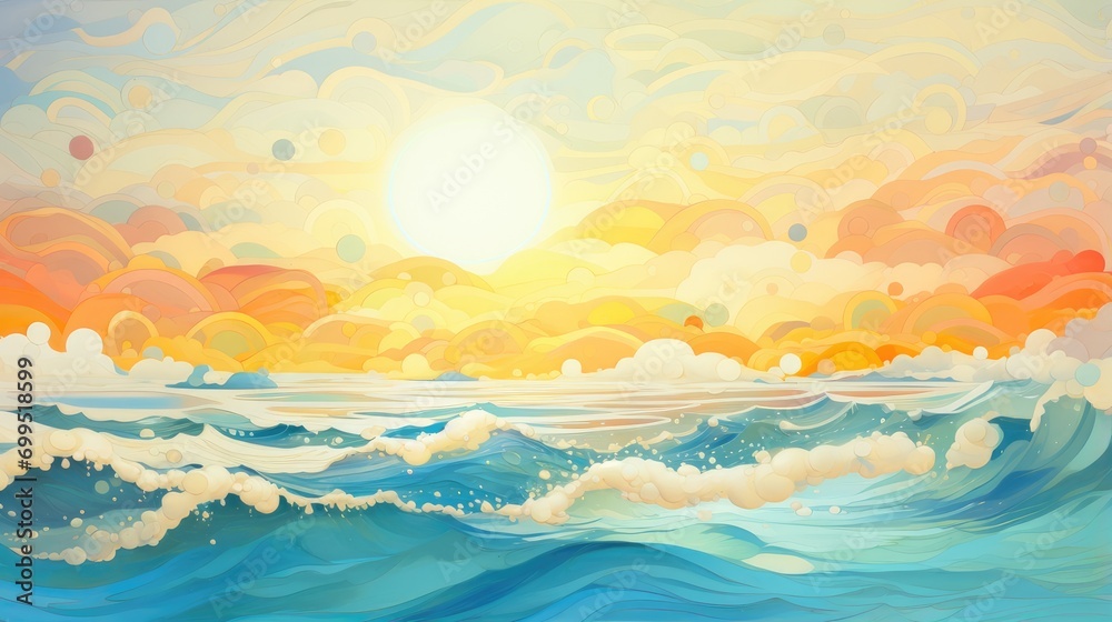 vibrant ocean waves and celestial clouds artwork. eye-catching illustration for beach resort marketing, summer event posters, and travel ads