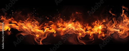 Fire flames design isolated on black background, orange fiery stream line, fire blaze abstract texture, art design Generative AI