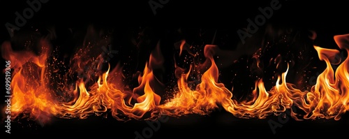 Fire flames isolated on black background, blaze fire border line, abstract texture wallpaper art pattern Generative AI