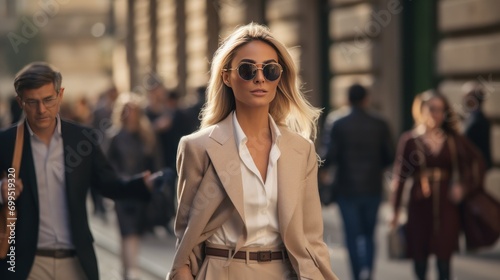 Businesswoman wears street style clothes after a fashion show at Milan Fashion Week photo