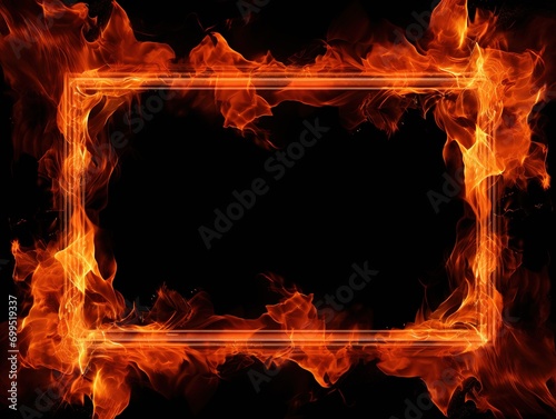Empty frame with bright fire border, glowing burning flame signboard, orange fire flames around rectangle frame on black background, banners or advertisements concept Generative AI © Iaroslav Lazunov